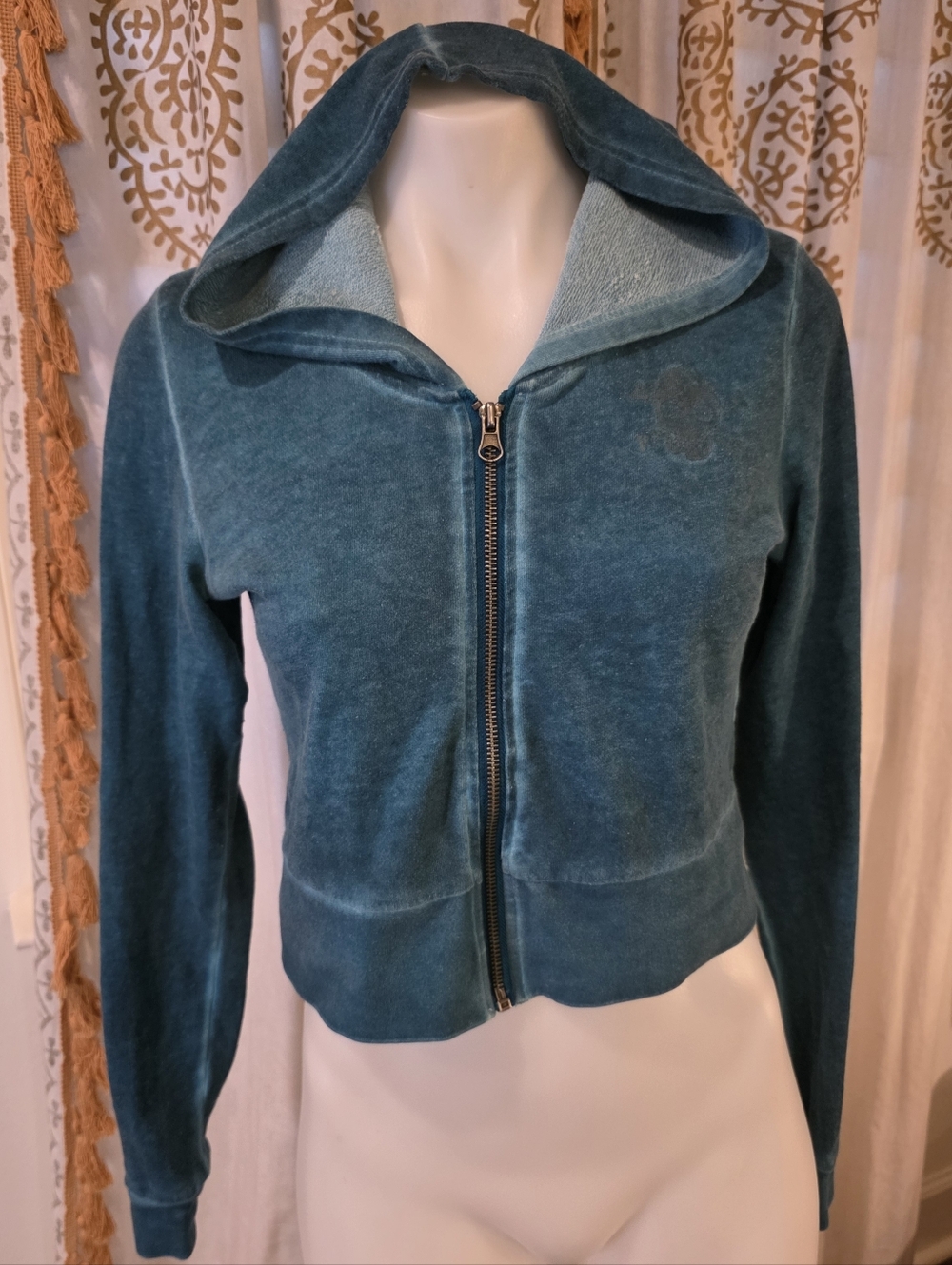 Sourpuss Teal Velour Zip  Y2k Crop hoodie with skull design on front